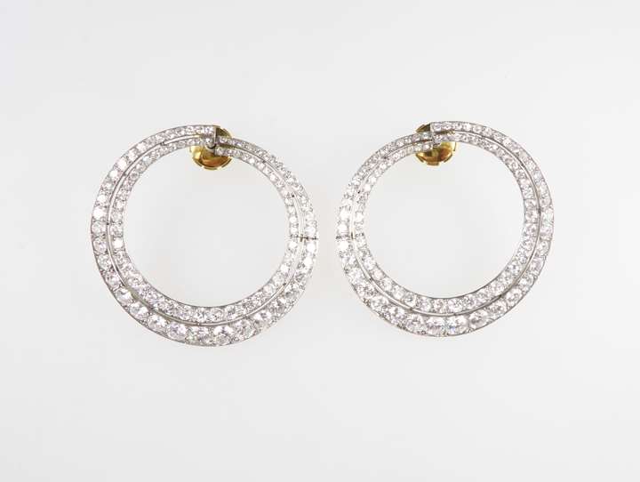 Pair of diamond two row graduated hoop earrings